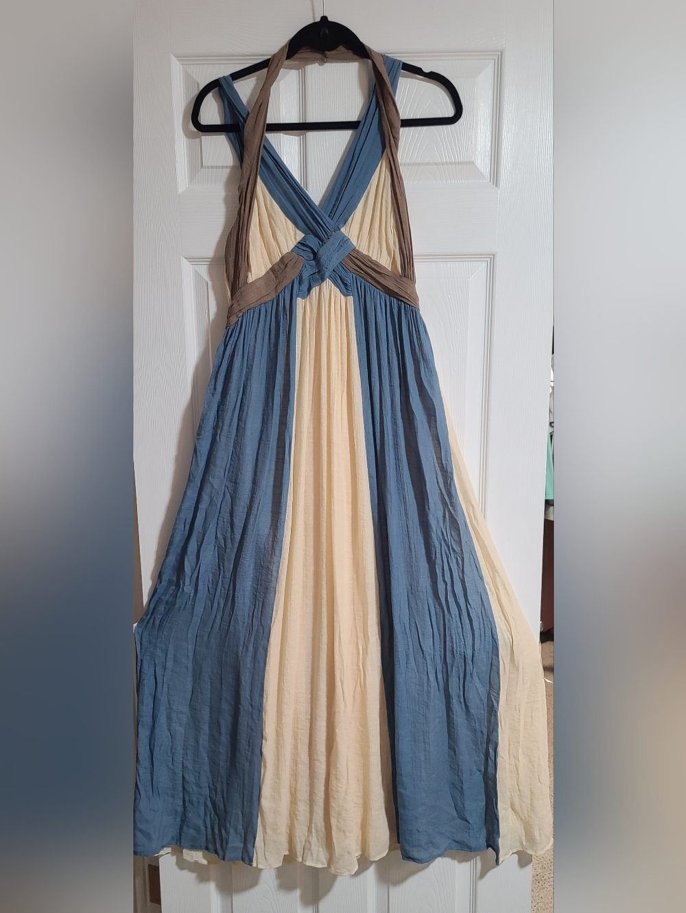 Altar'd State Blue, Cream & Brown Smocked Halter Dress
